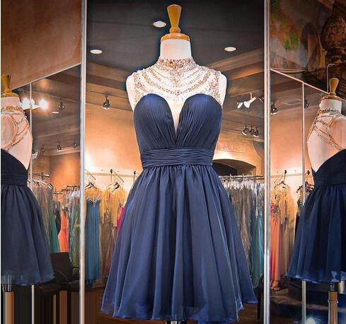 Delicate Navy Blue High Neck Sleeveless Illusion Chiffon Short Open Back Homecoming Dress With Beaded Neckline
