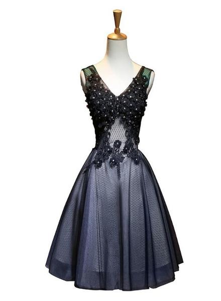 Black V-neckline Tulle With Lace Applique Party Dress, Black Homecoming Dress