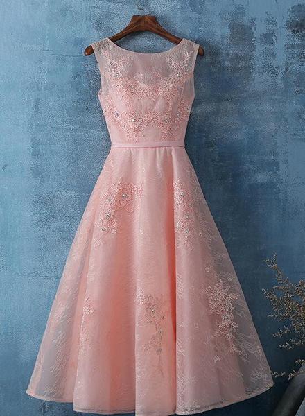 Lace Tea Length Simple Bridesmaid Dress, Lace Prom Dresses