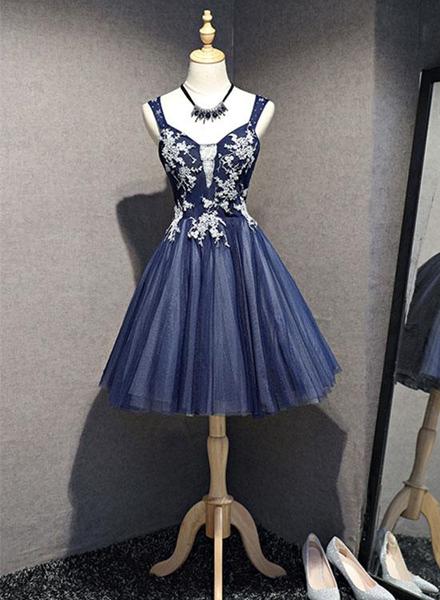 Charming Knee Length Bridesmaid Dress, Navy Blue Homecoming Dress