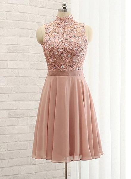 Beautiful Short Chiffon And Lace High Neckline Bridesmaid Dress, Lovely Party Dress