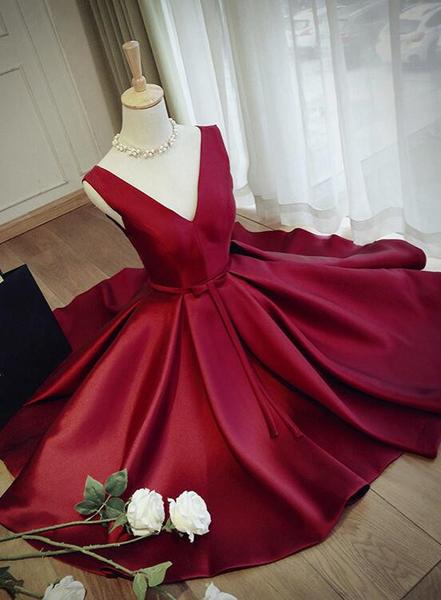 Red V-neckline Knee Length Satin Short Prom Dress, Homecoming Dress