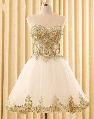 White Tulle Homecoming Dress,gold Appliques Short Ball Gown,strapless Corset Graduation Dress