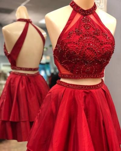 Two Piece Short Red Homecoming Dress With Backless