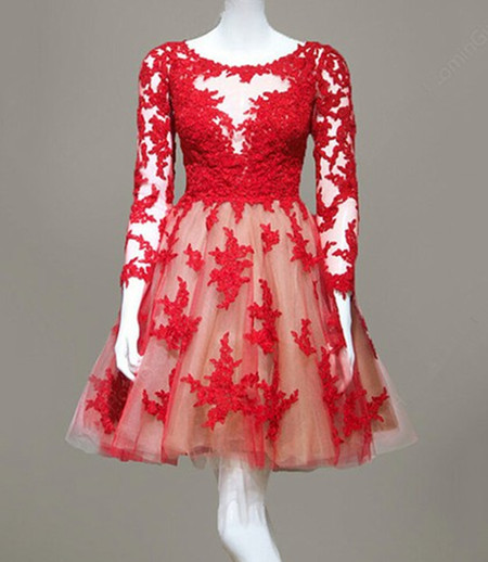 Red Lace O-neck Homecoming Dresses ,long Sleeve Graduation Dresses,homecoming Dress,short/mini Homecoming Dress