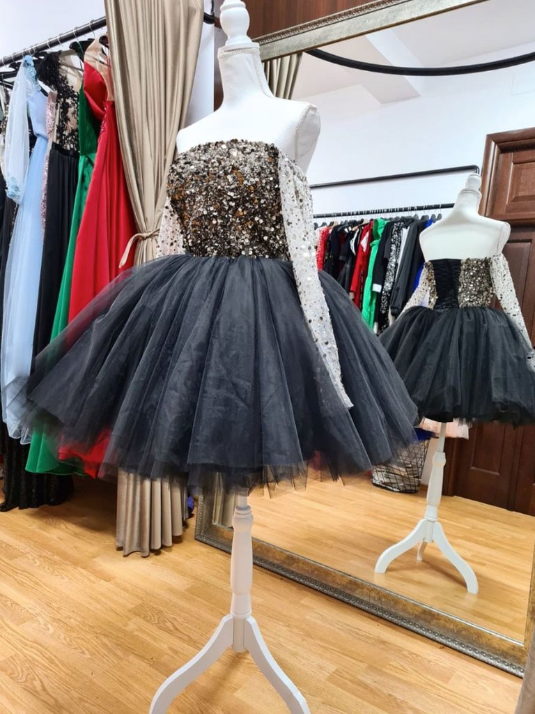 Black Tulle Sequin Short Prom Dress, Black Homecoming Dress