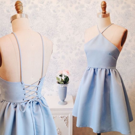 Sexy A-line Halter Lace-up Light Blue Short Satin Homecoming Dress With Pleats