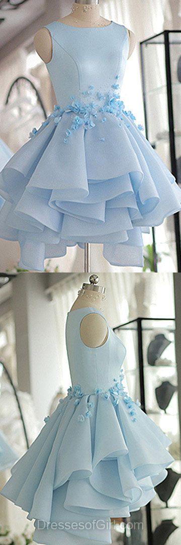 Sky Blue Homecoming Dress,a-line Scoop Neck Prom Dress,satin Tulle Short Flowers Original Prom Dresses,mini Dress