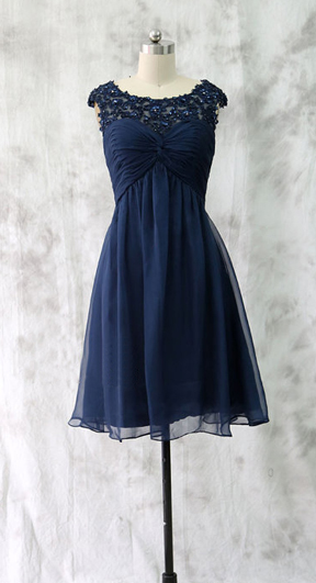 Lace Neckline Short Navy Semi Formal Dress