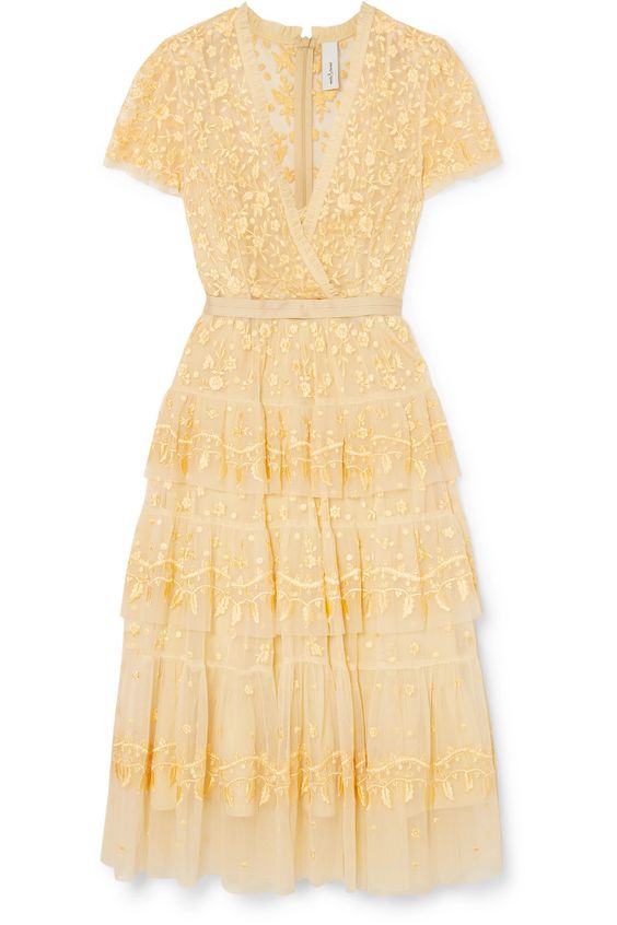 V neck tiered embroidered tulle midi dress.Yellow appliques homecoming dress.