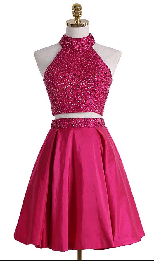 Pink Homecoming Dress,sexy Prom Dress,two Piece Halterneck Short Homecoming Dress With Beaded Bodice
