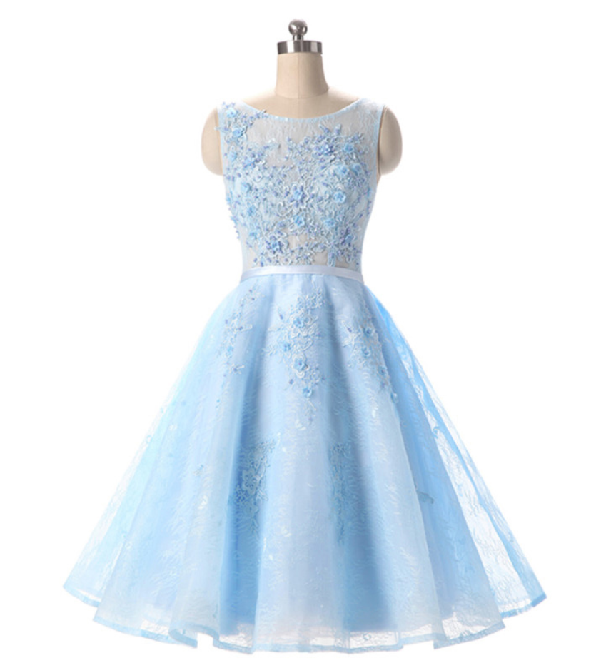 Short Homecoming Dress, Light Blue Appliques Lace Prom Dress,elegant Prom Gowns