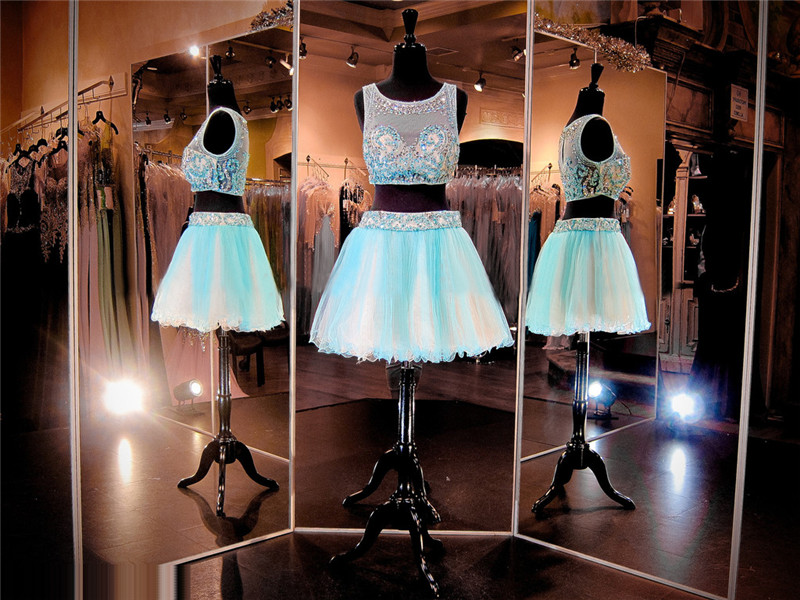 2 Piece Short Prom Dress,sparkle Sexy Prom Dress, Blue Homecoming Dress