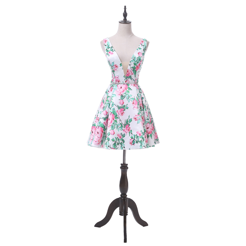 Floral Print V-neck Homecoming Dress, A-line Short Homecoming Dresses