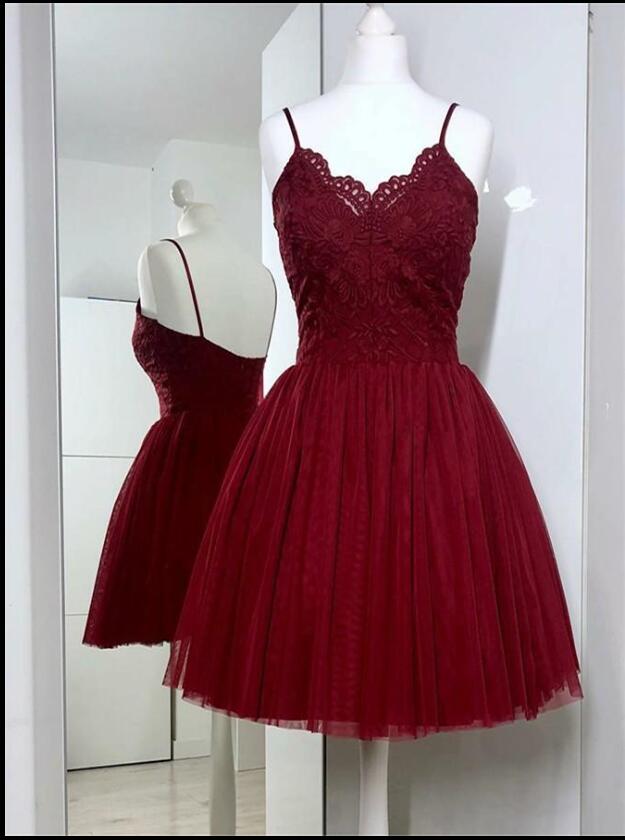 Cute Burgundy Lace Short Homecoming Dress, A Line Party Gowns ,wedding Party Gowns