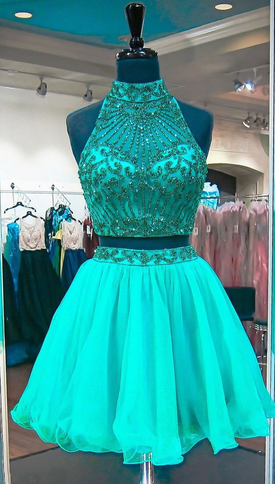 Emerald Green Two Piece Homecoming Dresses, Beadings Stylish Short Tulle Prom Party Gowns, 2 Pieces Short Cocktail Dress,mini Wedding Party Gowns