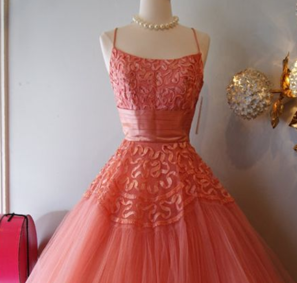 Vintage Prom Dress, Coral Prom Gowns, Lace Homecoming Dress