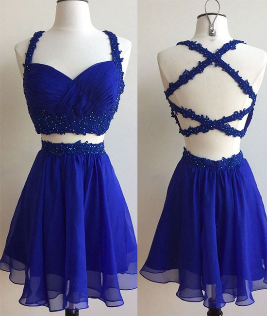 Royal Blue Two-piece Short Homecoming Dress With Backless Beading,two Piece Prom Dress,short Chiffon Prom Dress,straps Sweetheart Junior Dress