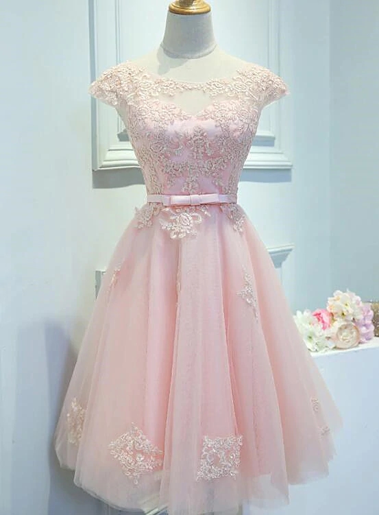Pink Knee Length Party Dress, Lace Applique Cute Homecoming Dress