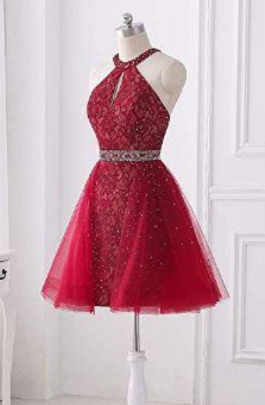 Red Homecoming Dress, Red Halter Sleeveless Backless Homecoming Dress,lace A Line Homecoming Dresses