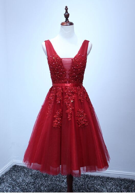 Homecoming Dress, Short Red Homecoming Dress, Short Applique Prom Dress, Lace Party Prom Dress
