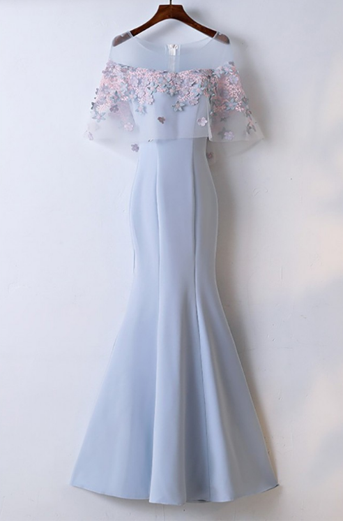 Sky blue appliques lace homecoming dresses,beautiful mermaid satin long homecoming dresses