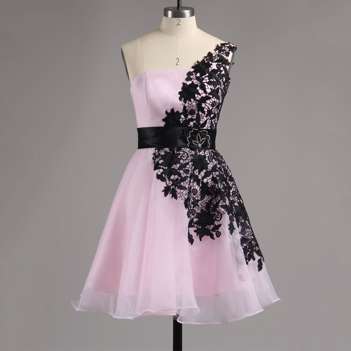 Asymmetric Pink Homecoming Dress with Black Ribbon, One Shoulder Tulle Homecoming Dress, Mini Chiffon Homecoming Dress with Lace Appliques