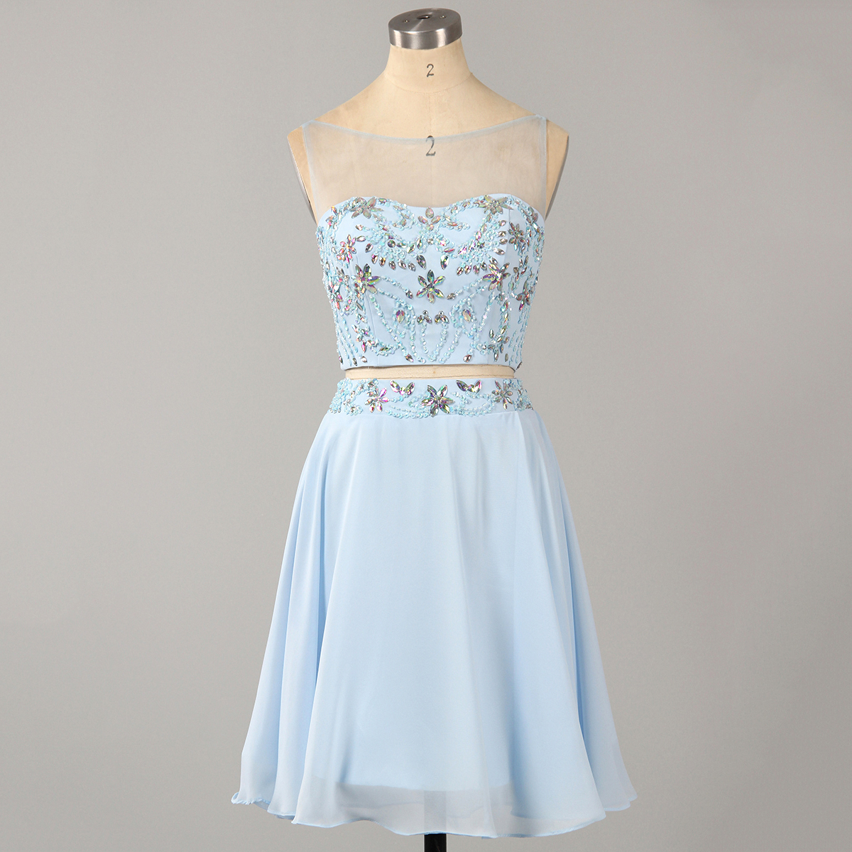Illusion Mist Blue Low Back Homecoming Dress, Two Piece Short Homecoming Dress With Beads And Crystal, Chiffon Homecoming Dress