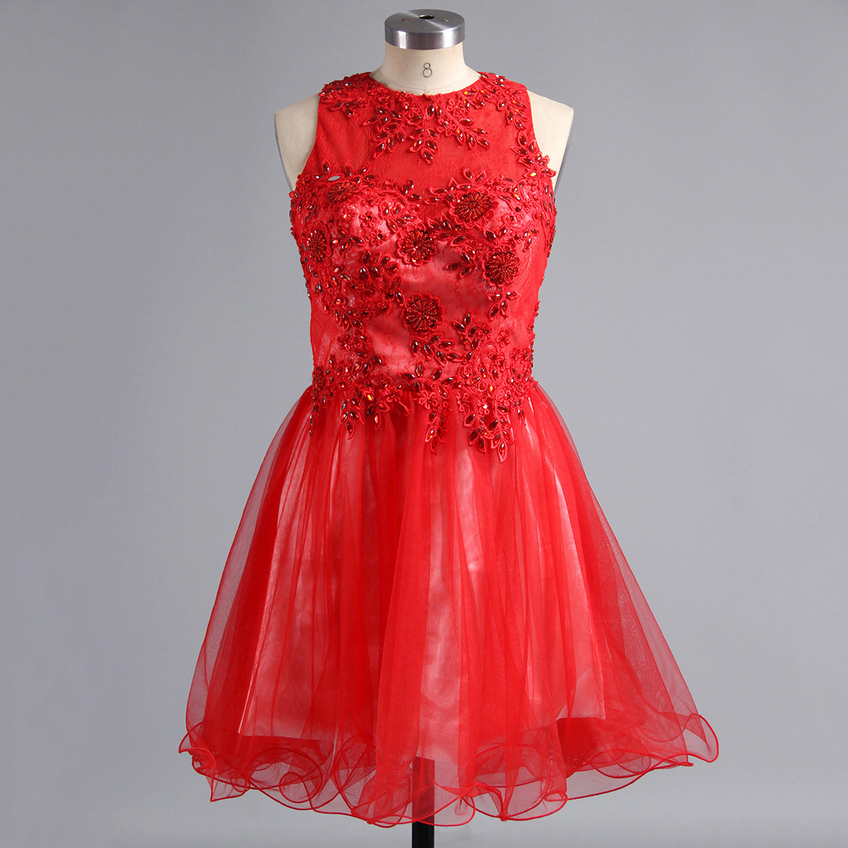 Jewel Neck Red Homecoming Dress With Lace Appliques, Key Hole Short Homecoming Dress, Open Back Mini Homecoming Dress With Beads