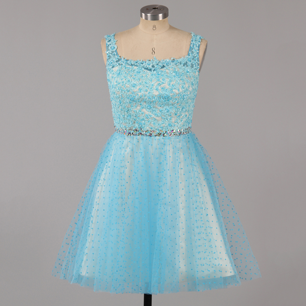Ice Blue Square Neck Homecoming Dress with Beaded Belt, Low Back Homecoming Dress, Tulle Mini Homecoming Dress with Lace Appliques