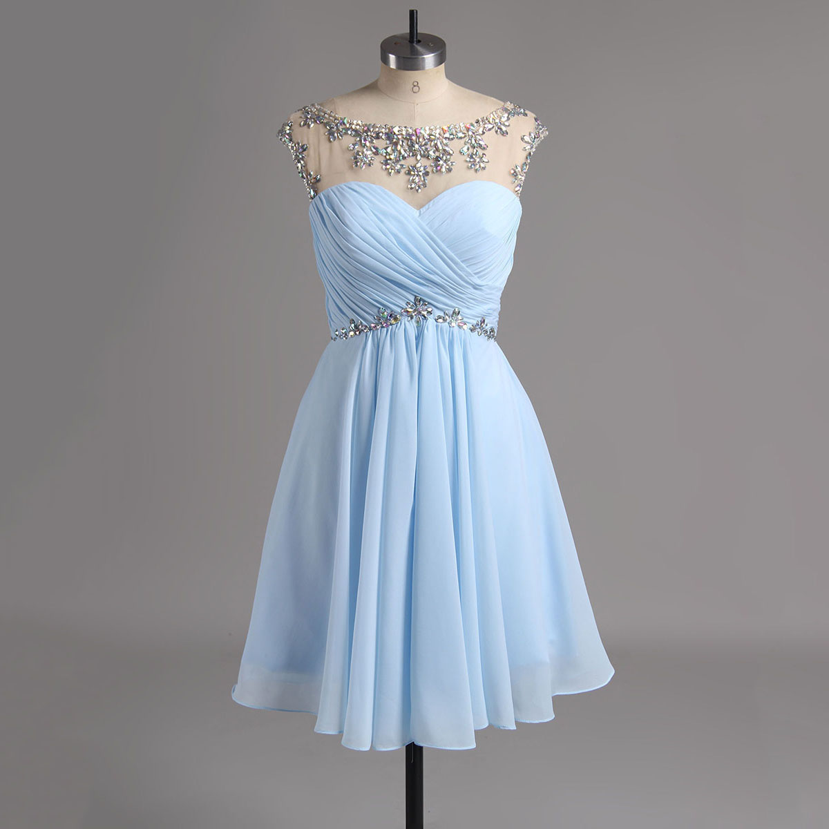 Cap Sleeve Illusion Neck Homecoming Dresses, Light Blue See-through Homecoming Dresses With Ruching Detail, Low Back Homecoming Dresses