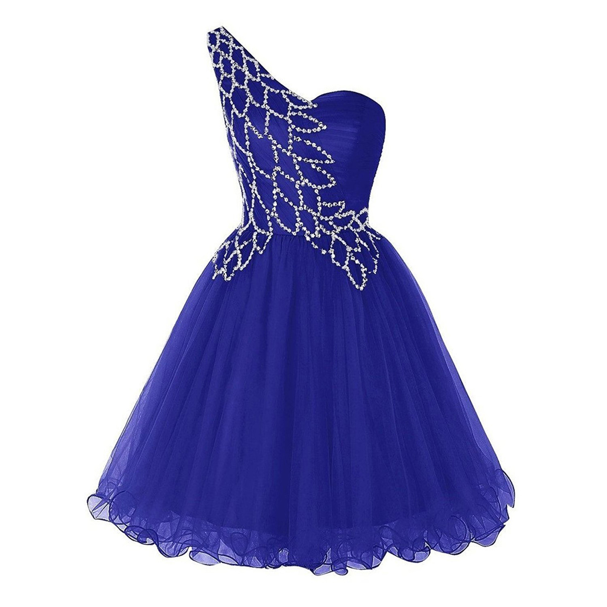 Unique Style One Shoulder A-line Prom Dress, Pretty Sequins Royal Blue Short Prom Dress, Sleeveless Mini Tulle Prom Dress