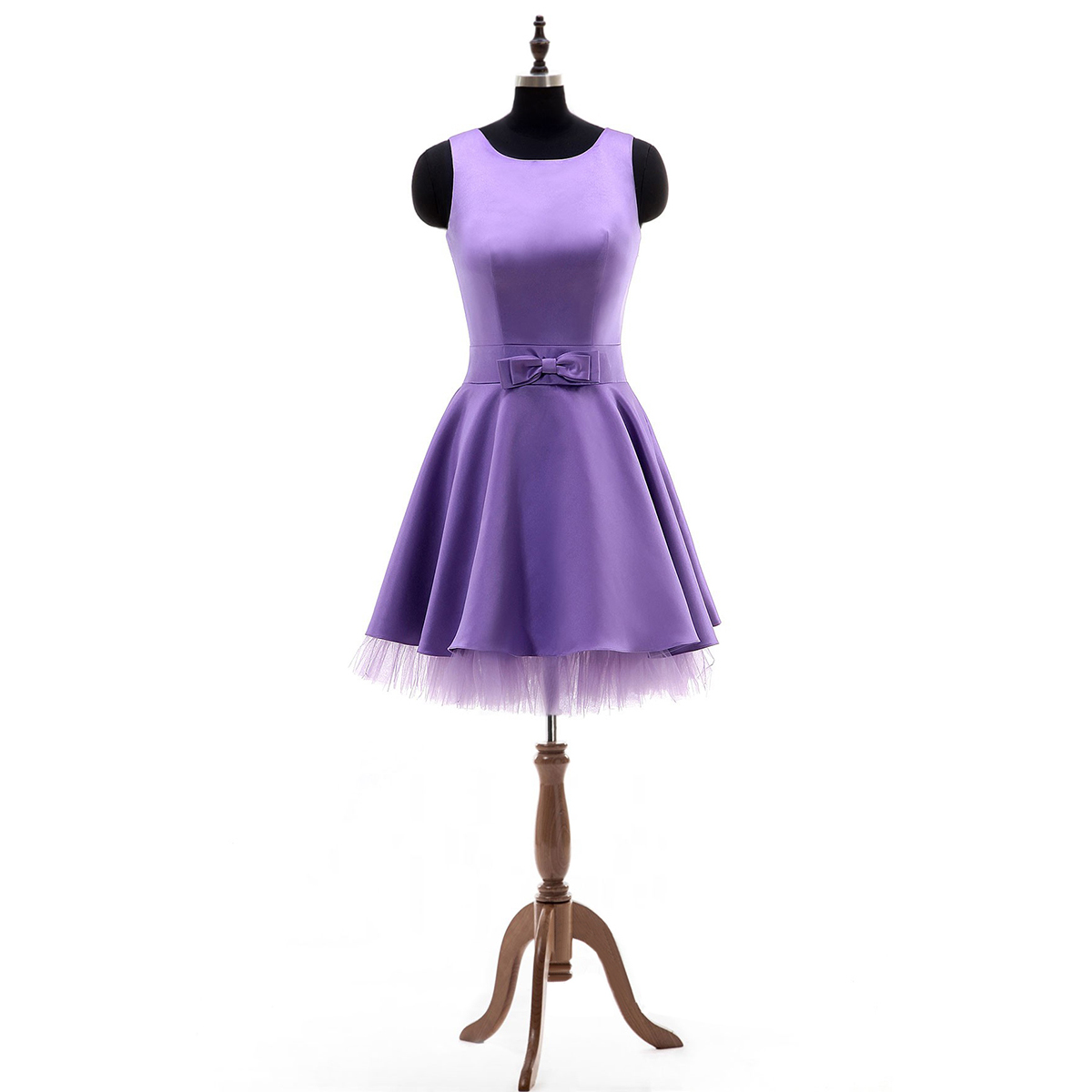 A-line Short Bridesmaid Dress, Elegant Lavender Satin Mini Bridesmaid Dress, Trendy Bowknot Tulle Bridesmaid Dress