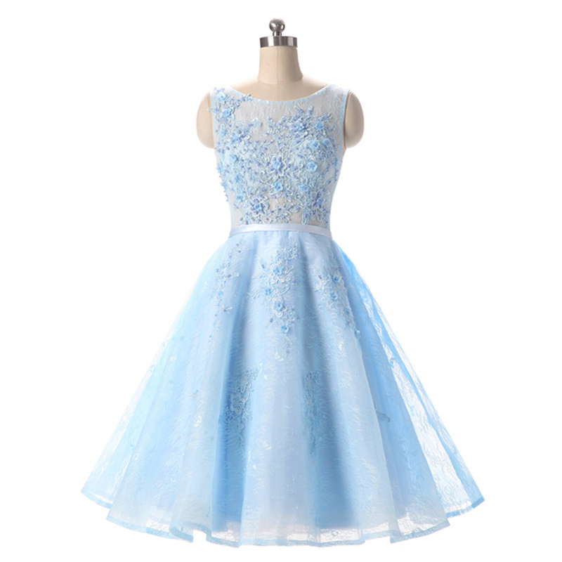 Pearl Lace Appliques Short Prom Dress, Ice Blue A-line Sash Mini Prom Dress, Sweet See-through Lace Prom Dress