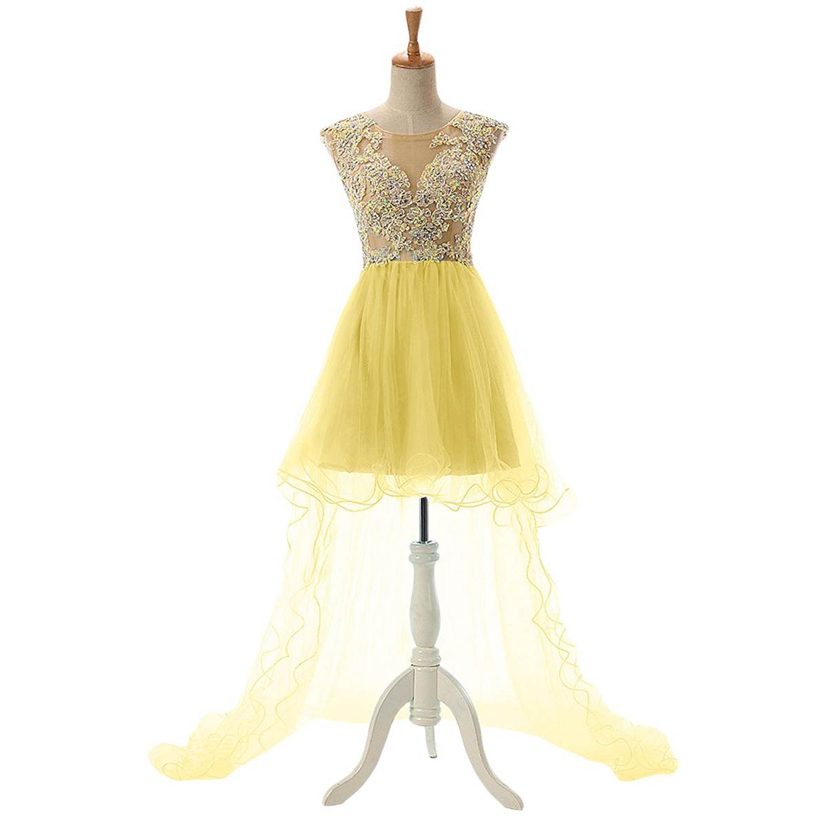 Scoop Neck See-through Lace Appliques Tulle Prom Dress, Crystal Open Back High Low Prom Dress, Cap Sleeves Yellow Prom Dress