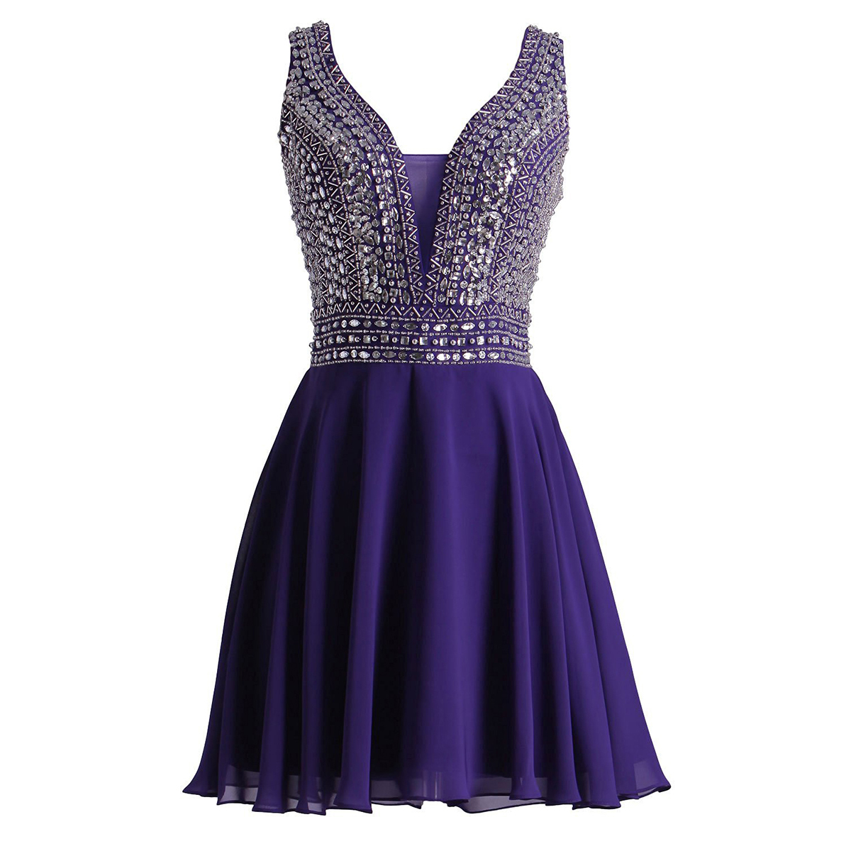 V Neck Tulle Short Prom Dress, Sparkling Crystal Beaded Purple Mini Prom Dress, V Back A-line Chiffon Prom Dress