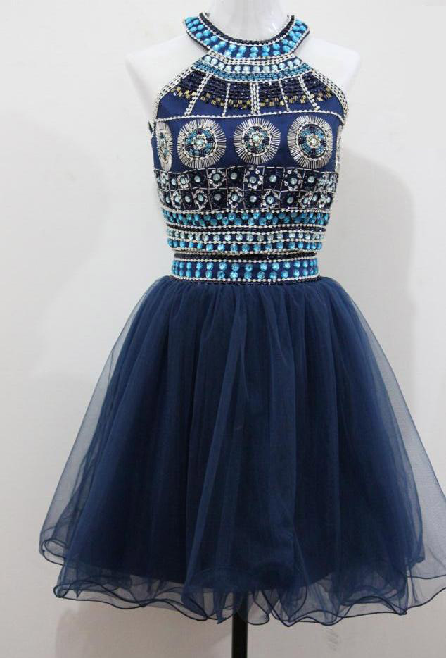 Two Piece Homecoming Dresses,crystal Beaded Sequined Short Prom Dress,gorgeous O-neck Party Dress Short Dress