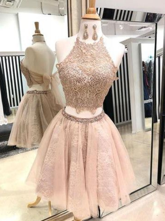Chic Two Pieces Homecoming Dresses, Lace Short Prom Dress, Halter Homecoming Dress