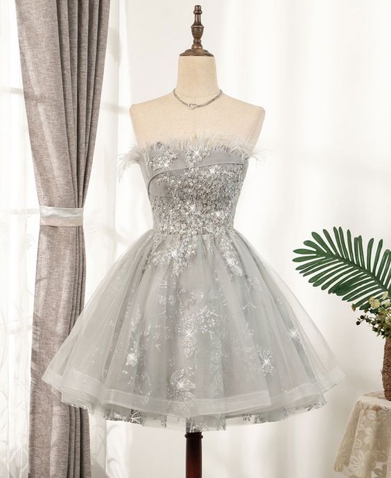 Gray Tulle Sequins Homecoming Dress, Short Homecoming Dresses,short Prom Dresses,charming Homecoming Dresses