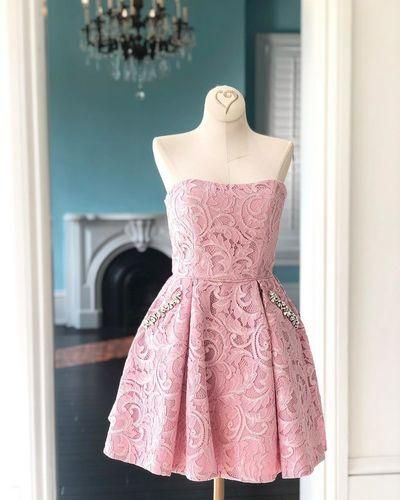 Strapless Short Pink Lace Homecoming Dress, Short Homecoming Dresses,short Prom Dresses,charming Homecoming Dresses