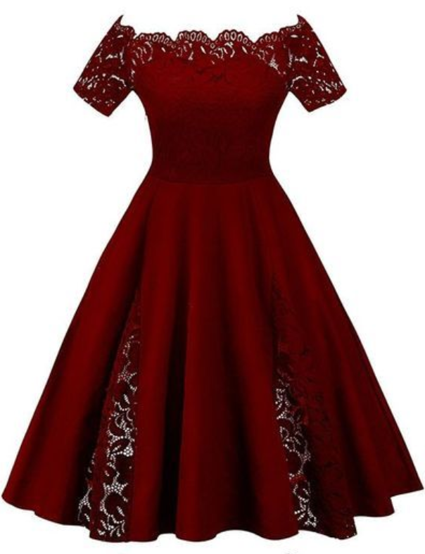 Elegant Burgundy Lace Homecoming Dress,off Shoulder Short Sleeves Prom Dress