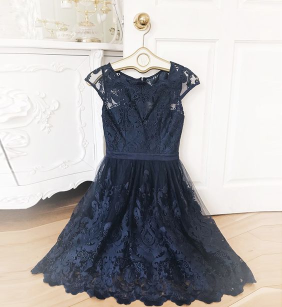 Blue Lace Short Prom Dress, Homecoming Dress