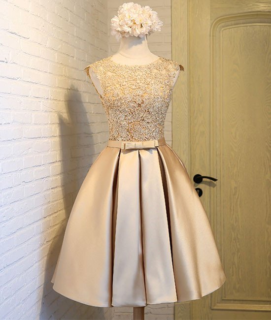 strapless open back dress A Line Short Blue Gold Lace Appliques Prom Dresses Homecoming Dresses OKF58  – Demodresses main image 0