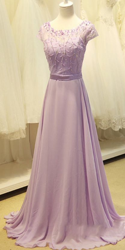 Cap Sleeve Light Purple Long Chiffon Prom Dress， A Line Party Dresses Bridesmaid Dress