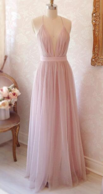 Simple A Line V-neck Long Prom Dress,tulle Evening Dress,pink Prom Dress With Criss Cross Back,formal Dress,maxi Dress