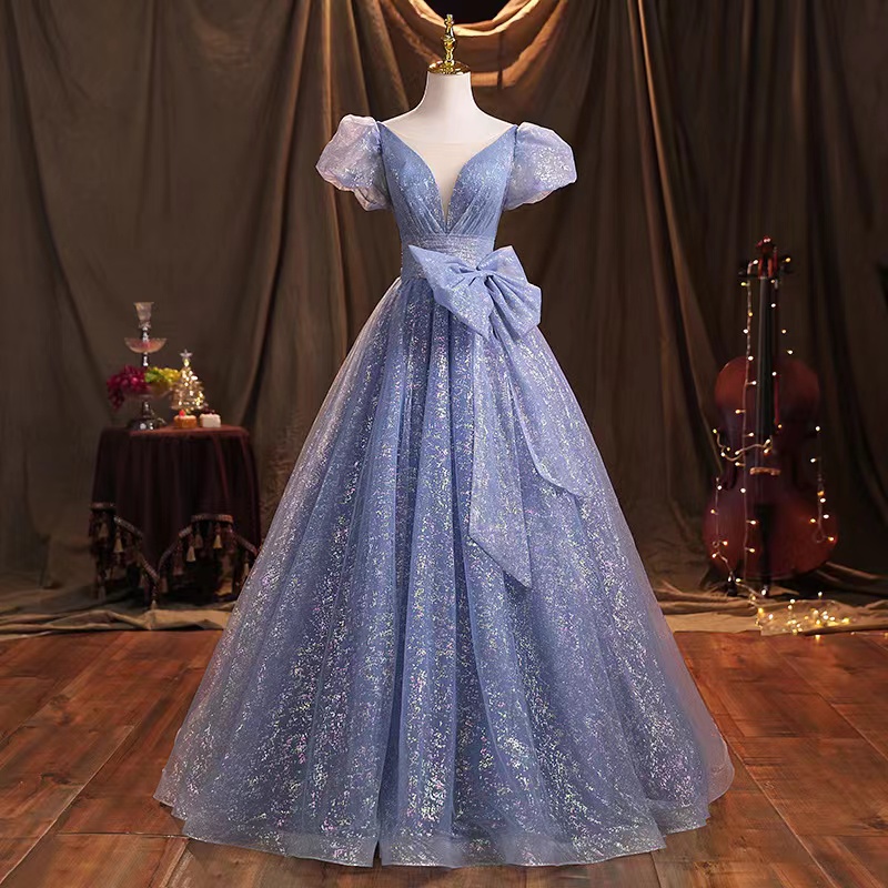Long Temperament Ball Gown Dress,bubble Sleeve Prom Dress, Fairy Blue Party Dress