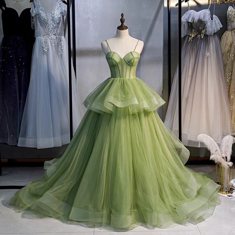 Long Temperament Elegant Dress, Green Spaghetti Strap Dress