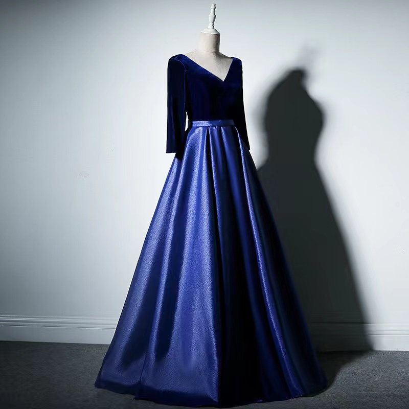 Long Sleeve Evening Dress, Blue Prom Dress, Formal Party Dress