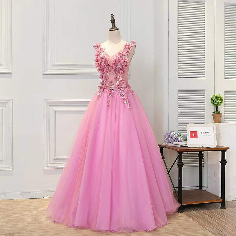 V-neck Evening Dress, Pink Prom Dress, Fairy Birthday Dress, Applique Party Dress