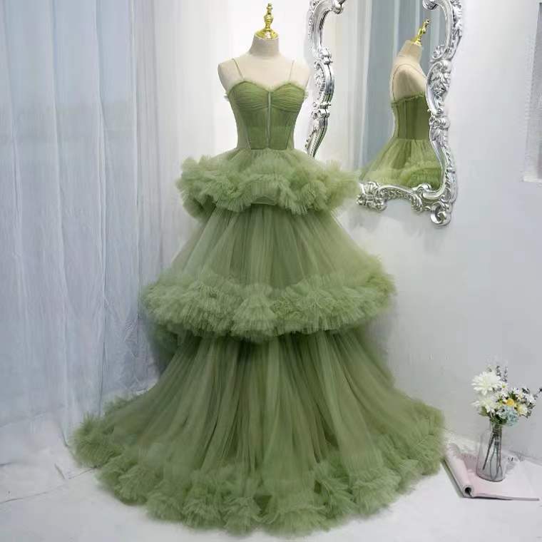 Strap evening dress, luxury, fairy, socialite, temperament, long green party dress, high qulaity elegant dress